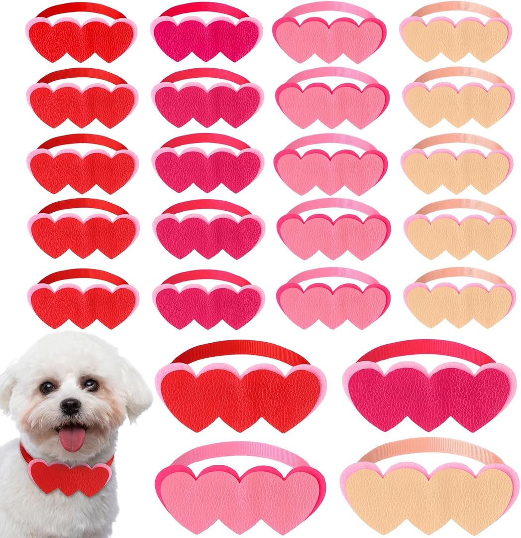 Talltalk 24 Pcs Valentines Day Dog Collars Puppy Gift Adjustable Heart Shaped Dog Collars Bowties PU Leather Cat Bow Tie Gift for Pets Owner Valentines Party Dress up Accessories