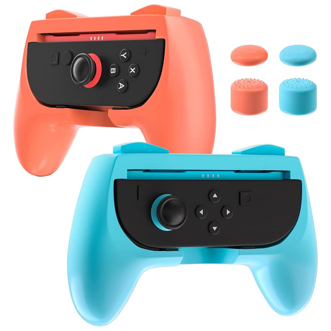 PAWDIARY Switch 2 Grip Compatible with Nintendo Switch 2025 Controller, [2 Pack] Grip Accessories for New Switch 2 Controller, Ergonomic Comfort Handle Kit with 4 Thumb Caps (Blue&Orange)