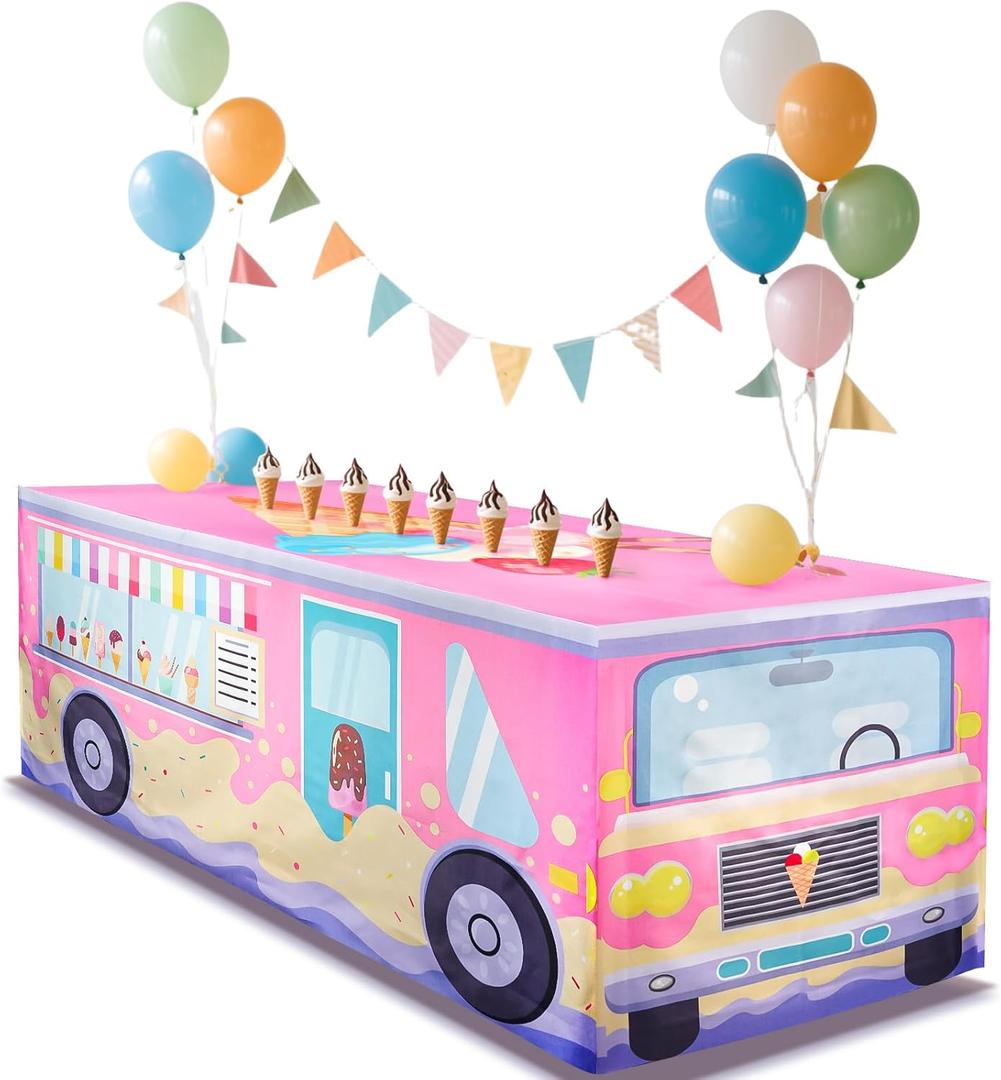 4FT Ice Cream Truck Tablecloth Ice Cream Birthday Party Decor for Baby Shower Sweet One Birthday Donut Themed Party Supplies (48" x 24" (Rectangular))