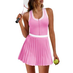 Fisoew Womens Tennis Mini Dress Half Zipper Racerback Athletic Workout Pleated Dresses with Built-in Shorts& Bra Pink XXL