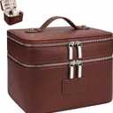 Makeup Case, Large Capacity Leather Makeup Bag for Women,Large Capacity Waterproof Double Leather Cosmetic Case,Removable Compartment Travel Organizer Brown (9.8x7x7.3in)