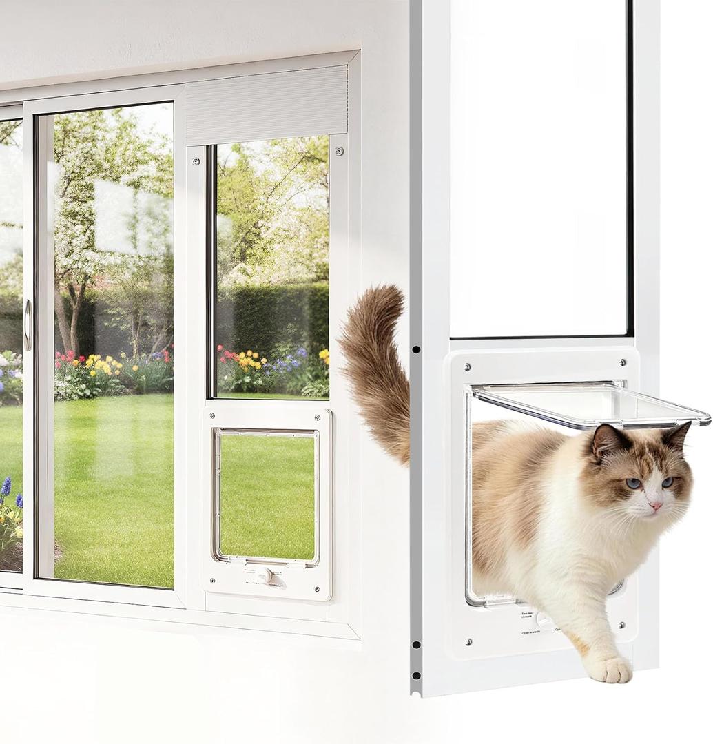 Vertical Cat Door for Window, Fits 40"- 44" Height Sliding Window, 3-Min No Damage Install, Sturdy Aluminum Frame, Weatherproof Magnetic Closure, 4-Way Lock, Tenant Friendly Sliding Window Cat Door