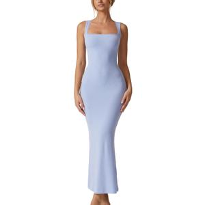 QINSEN Women's Square Neck with Lace Detail Long Maxi Dress Sleeveless Lounge Ribbed Full Length Dresses (Small, Light Blue)