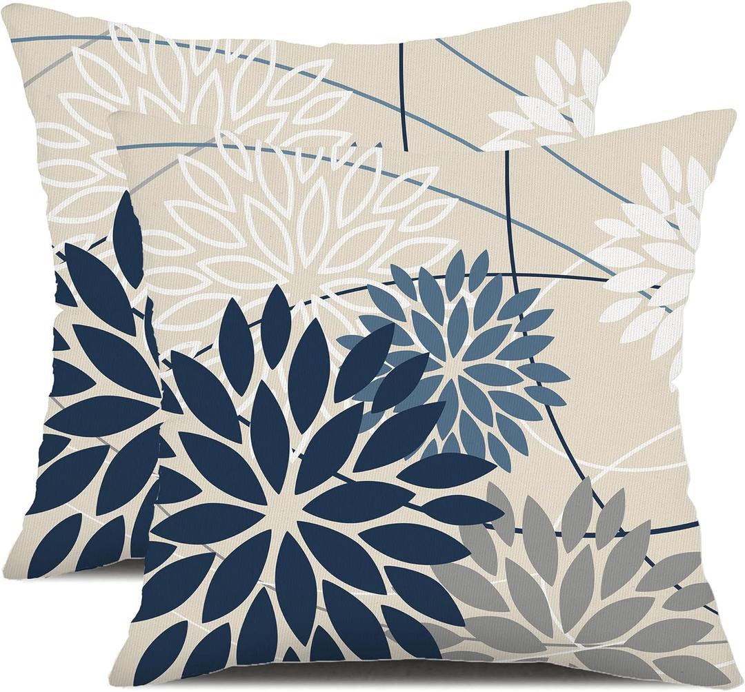 Blue and Gray Floral Pillow Covers 24x24 Set of 2 Outdoor Waterproof White Colored Decorative Throw Pillows Summer Pillowcase Polyester Cushion Case Decor for Couch Patio Funiture Garden Porch 01B24