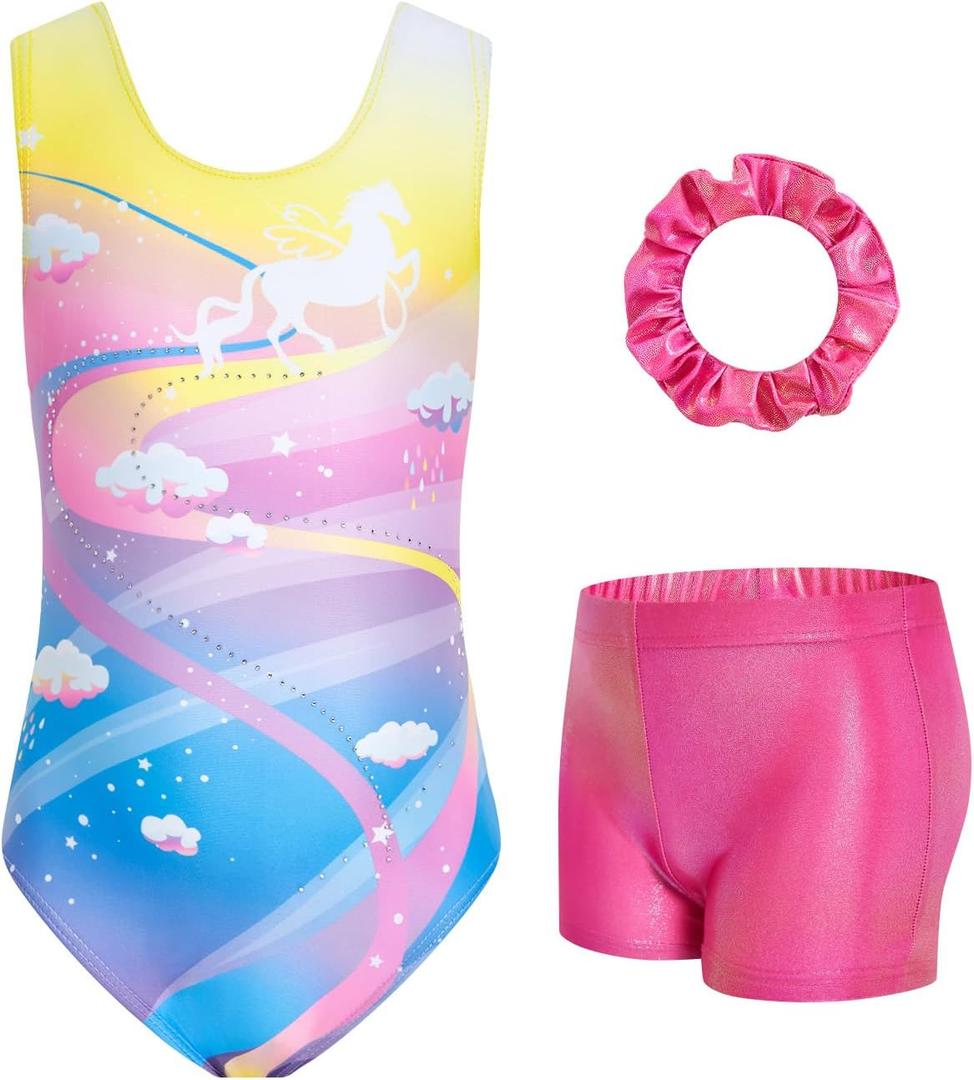 JiAmy Girls Gymnastics Leotards, Glitter Ballet Dance Unitards Biketards Activewear with Short & Hairband for Kids
