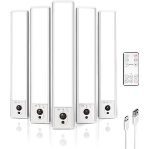 EZVALO 5-Pack Under Cabinet Lighting, 2400mAh Motion Sensor Light, LED Closet Lights Wireless, 6500K Dimmable, Timer, Magnetic, with Remote Control for Kitchen, Closet, Stair