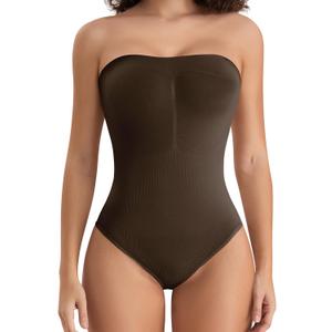 FLORATA Strapless Shapewear for Women, Tummy Control Thong Bodysuits, Seamless Sculpting Body Shaper Tank Top Leotard (Medium, Coffee)
