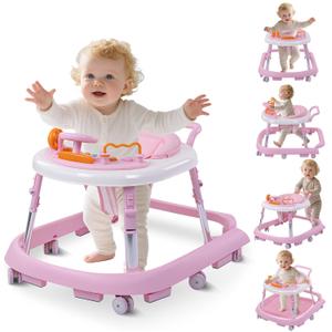 Foldable Baby Walker with Wheels  9 Adjustable Heights, Reinforced Frame, Activity Center with Music & Lights, Removable Tray, Two Rear Wheel Modes (Swivel or Forward-Only) for Babies 6-18 Months (Pink) Foldable Baby Walker with Wheels  9 Adjustable Heights, Reinforced Frame, Activity Center with Music & Lights, Removable Tray, Two Rear Wheel Modes (Swivel or Forward-Only) for Babies 6-18 Months (Pink)