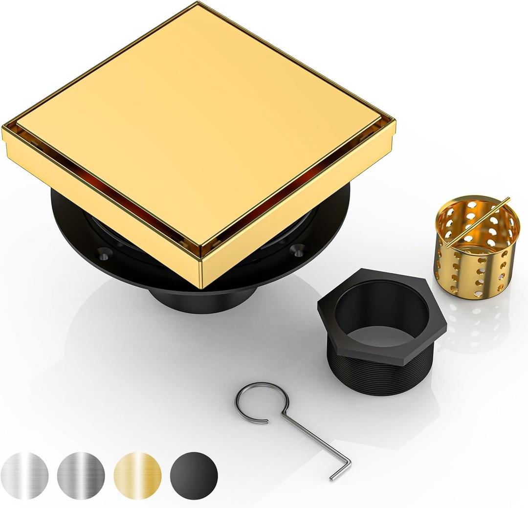 DLONE Square Shower Drain | 6 Inch Brushed Gold AISI 304 Stainless Steel Shower Drain with 2-in-1 Tile Insert Panel, Shower Floor Drain in Bathroom, Balcony etc