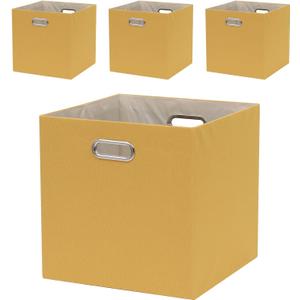 Cube Storage Bins 1313x13 Inch, 4 Pack Collapsible Linen Fabric Storage Cubes with Handles, Thick Heavy Duty Storage Baskets for Shelves Kallax Bedroom Dormitory Toy Clothes, Yellow