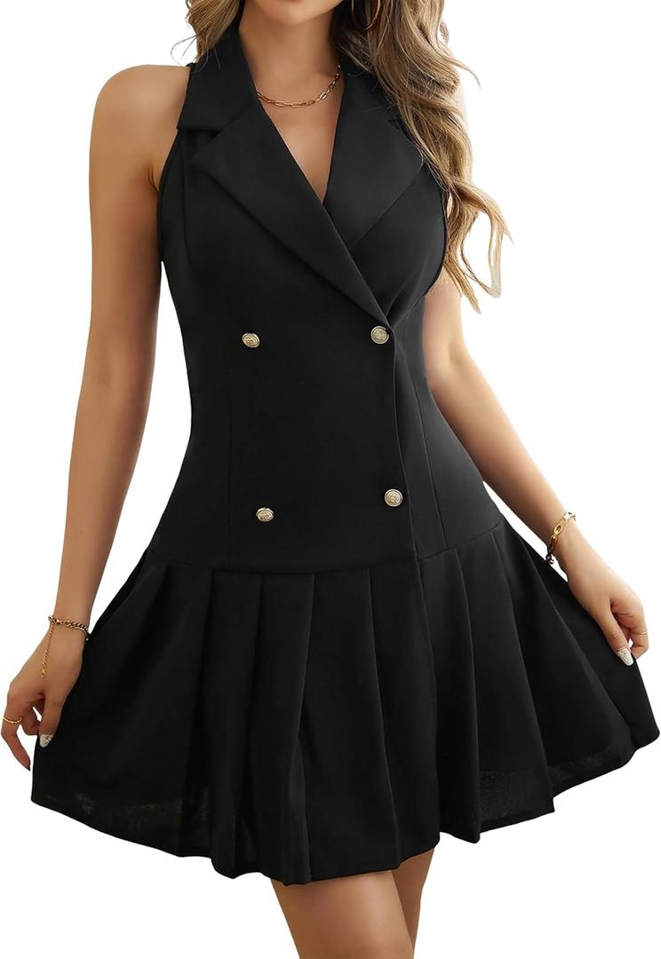 2025 Women's Notch Lapel V Neck Mini Dress Double Breasted Sleeveless, High Waist Pleated Skirt Vintage Audrey Hepburn Style (Black, XL)