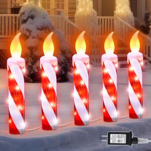 5 Pcs Christmas Lighted Decoration Candle Outdoor, 23 Inch Waterproof Christmas 3D Candle Candy Cane Stakes Lights with Flickering Flame and Timer for Xmas Yard Decor(Red, White)