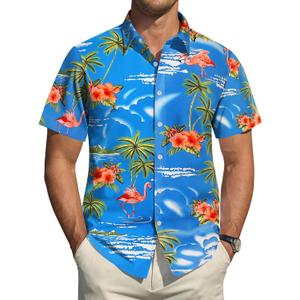 Men's Hawaiian Shirt Short Sleeve Floral Button Down Shirt Casual Summer Tropical Beach Shirts (Blue, XXL)