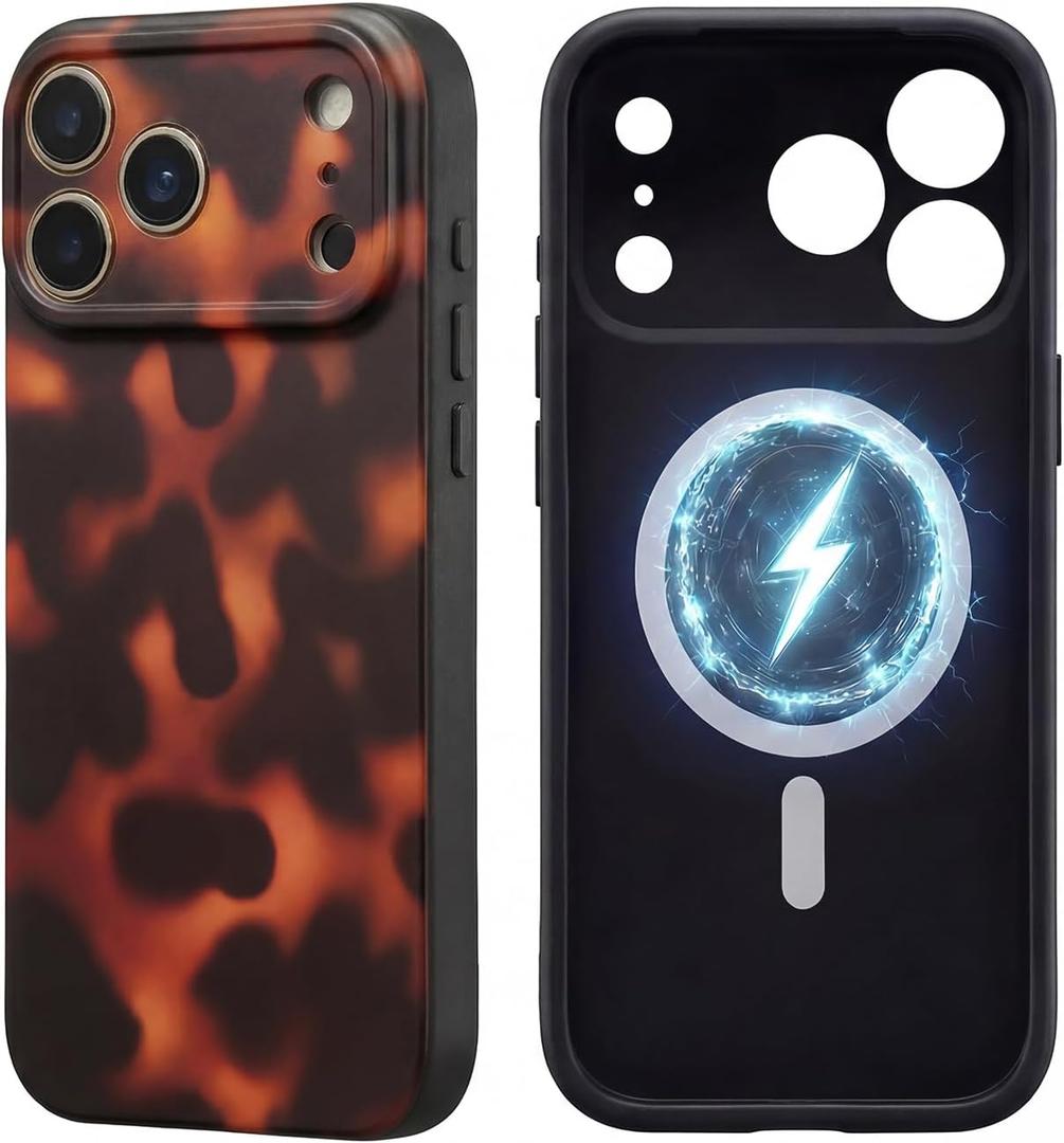 Magnetic for iPhone 17 Pro Max Tortoise Case [Compatible with MagSafe] [Full Camera Protection] Cute Leopard Matte Phone Cover for Women Girly - Tortoiseshell