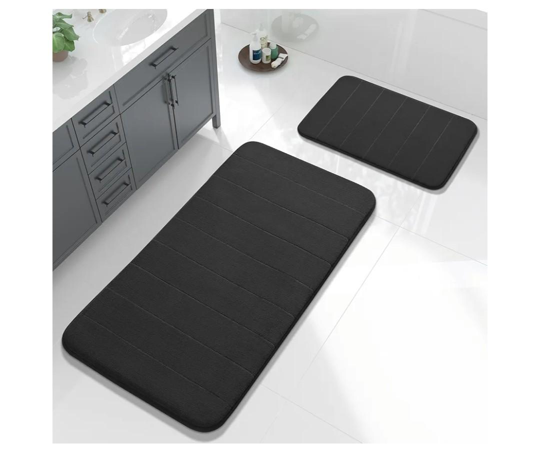 Yimobra Large Bath Mat Set 2 Piece- Super Soft Absorbent Quick Dry Memory Foam Bathroom Rugs, Machine Washable Non Slip Floor Carpet for Tub Shower & Double Vanity (17x24 & 44x24, Black)