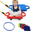 2 Plastic Scooter Boards with Handles for Kids Sitting and Sports Training, with 1 Ring, 2 Ropes and 4 Beanbags, Indoor and Outdoor Play (Red & Blue)