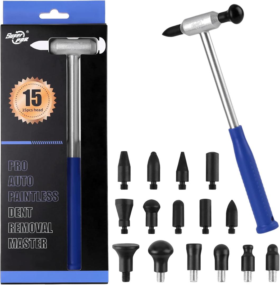 Super PDR Auto Body Hammer Tools Set - Aluminum Dent Hammer, Body Repair Dent Removal Tools, Paintless Dent Repair Hammer with 15Pcs Head the Head for Auto Body DIY Dent Fix