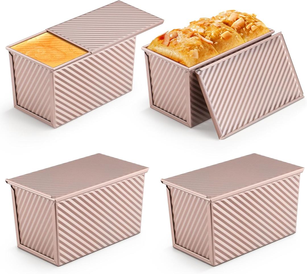 LIANYU Pullman Bread Loaf Pan with Lid, 4 Pack 1 Pound Nonstick Sourdough Loaf Pans, Heavy Duty Metal Baking Bread Tin, Homemade Sandwich Toast Bakeware, Oven Safe, Rose Gold