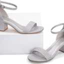 mysoft Women's Chunky Low Heels Open Toe Block Heeled Dress Ankle Strap Pump Wedding Sandals, 6 Wide, Silver Glitter