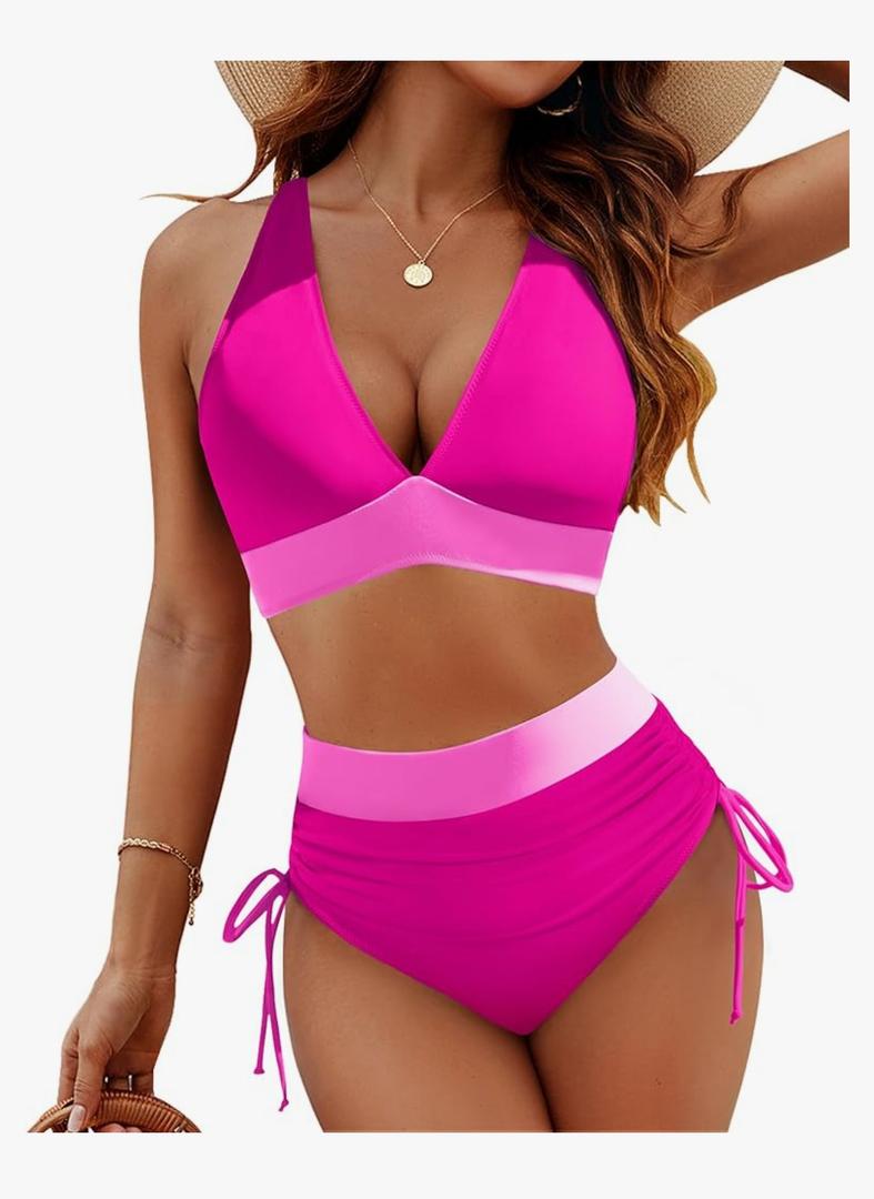 Blooming Jelly Women High Waisted Bikini Sets Tummy Control Swimsuits Color Block Two Piece Drawstring Bathing Suit XL