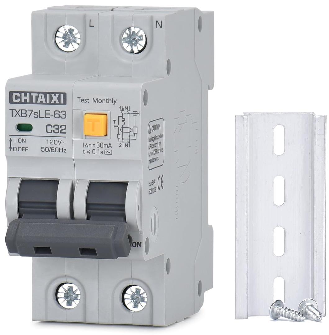 Ground Fault Circuit Breaker, 32 Amp 120V AC DIN Rail Mount Residual Current Circuit Breaker, Thermal-Magnetic Trip, Earth-Leakage Protection 30mA 1PN RCBO C32