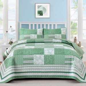 Drucon Green Patchwork King Quilt Bedding Set, Summer Plaid King Bedspreads, 3 Pieces Lightweight Soft Coverlet with 2 Pillow Shams for All Season 104x90 Inch