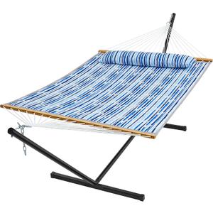 SUPERJARE Hammock with Stand, 2 Person Quilted Outdoor Hammock, Detachable Pillow & Bamboo Spreaders, Portable Hammock with Carrying Bag, Heavy Duty Stand, Perfect for Outside, Patio, Graffiti Blue