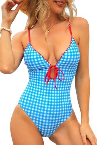 CHYRII Women's Sexy Cutout Scalloped One Piece Swimsuit V Neck Bathing Suit Swimwear, S, Blue