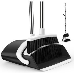 Broom and Dustpan Set for Home, 51-in Long Adjustable Handle Angle Broom and Dustpan Combo Set with Dust Pan Teeth to Clean Hair for Home Kitchen Office Lobby Floor Garden (Black&White) (Medium)