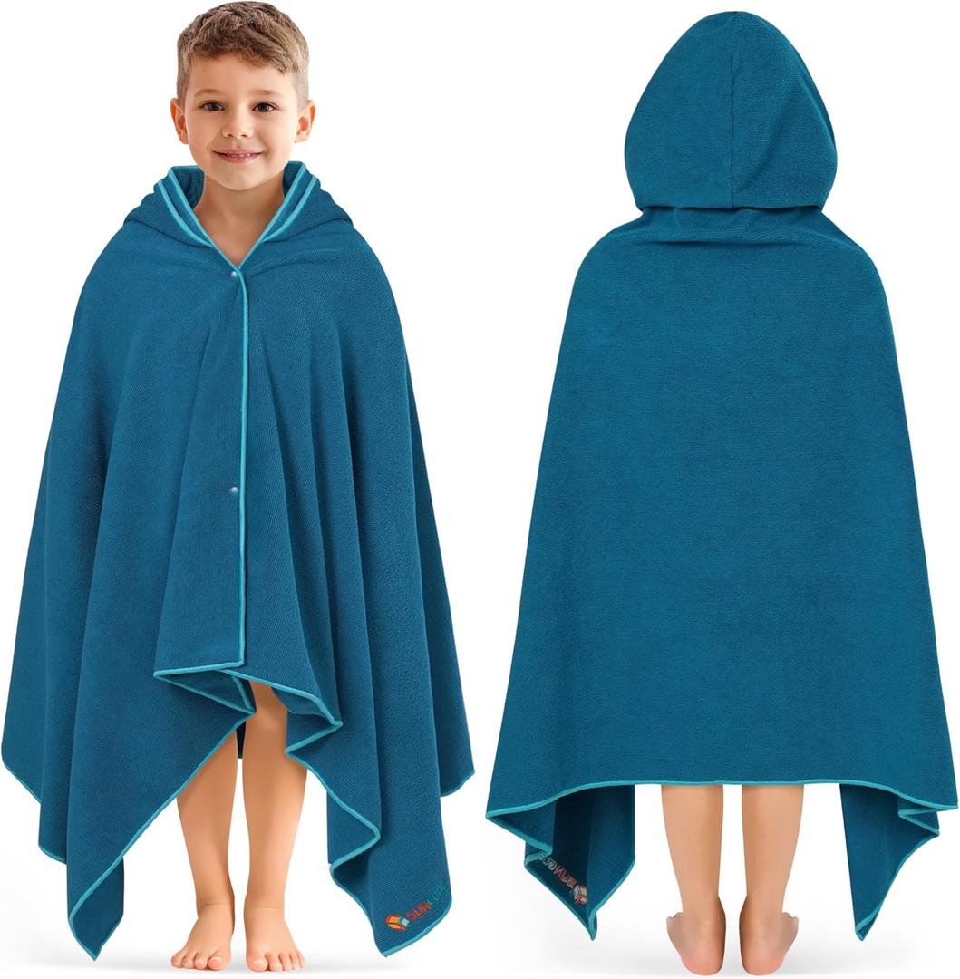 SUN CUBE Kids Hooded Towel, Absorbent Quick Dry Beach Bath Towel, Swim Surf Poncho Wrap Shower, Pool, Bath, Boys, Girls, Large 30x60 inch, Age 3-9 Years, Sea Blue