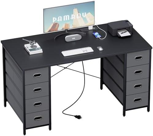 Pamray 47 Inch Home Office Desk with 8 Fabric Drawers and Power Outlet PC Gaming Desk Home Office Study Work Writing Table for Bedroom Black