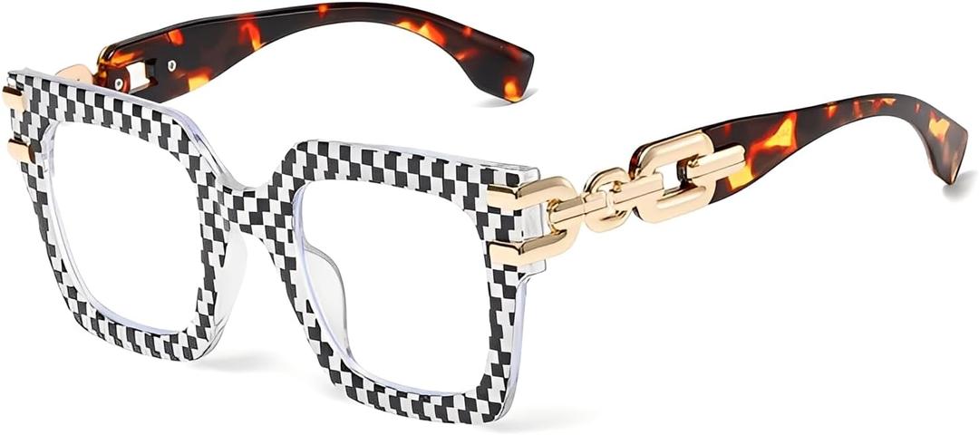 Blue Light Blocking Glasses for Women - Oversized Square Computer Eyewear with Anti Eye Strain, Stylish Checkerboard Frame & Gold Chain Design, Fashion Reading Gaming Glasses
