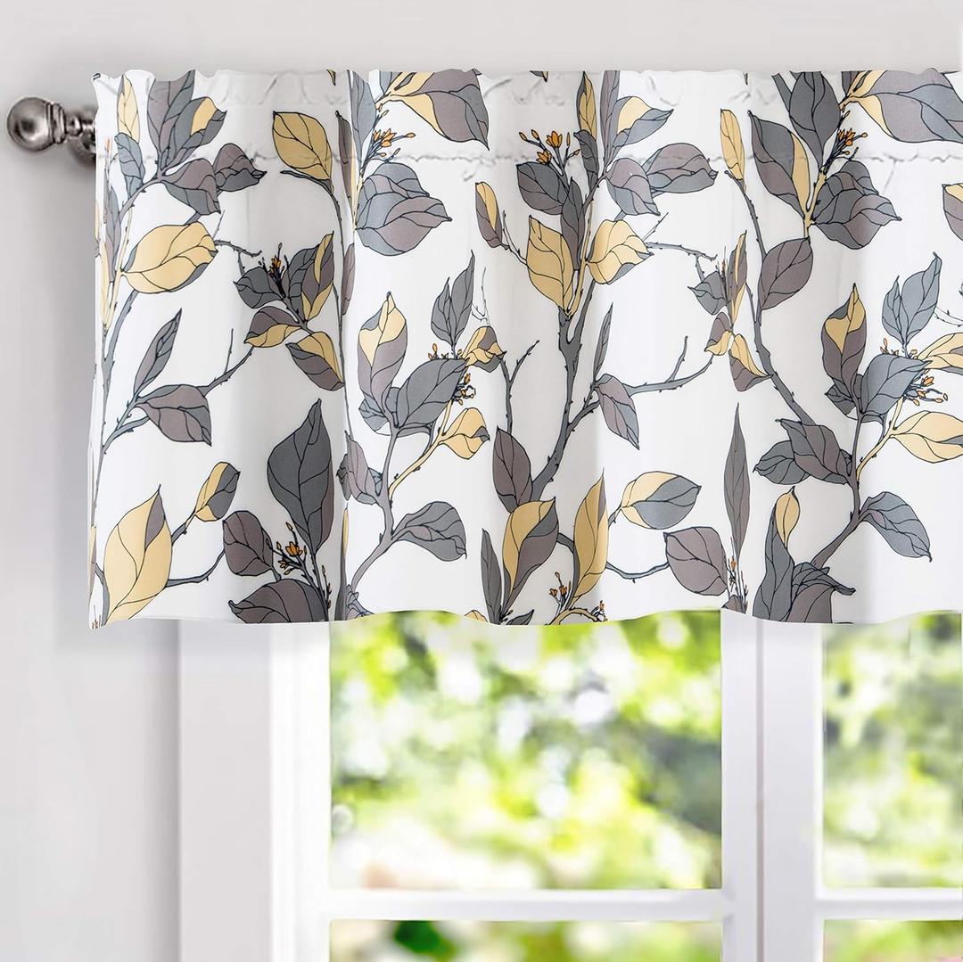DriftAway Ryan Sketch Flower Floral Branch Leaves Lined Thermal Insulated Window Curtain Valance Rod Pocket 52 Inch by 18 Inch Plus 2 Inch Header Yellow Gray