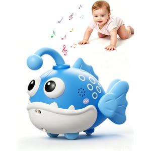 2 x Crawling Cartoon Fish Baby Toy, Light Up Antenna with 60 Built-in Songs, Auto Obstacle Avoidance, Tummy Time Play Gift for 6+ Months Infants & Toddlers(Bule)