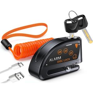 Motorcycle Disc Lock with Alarm, Electric Scooter Lock Heavy Duty Anti-Theft with 120dB Alarm, 5FT Reminder Cable for Helmet Anti-Theft, Rechargeable (Black)