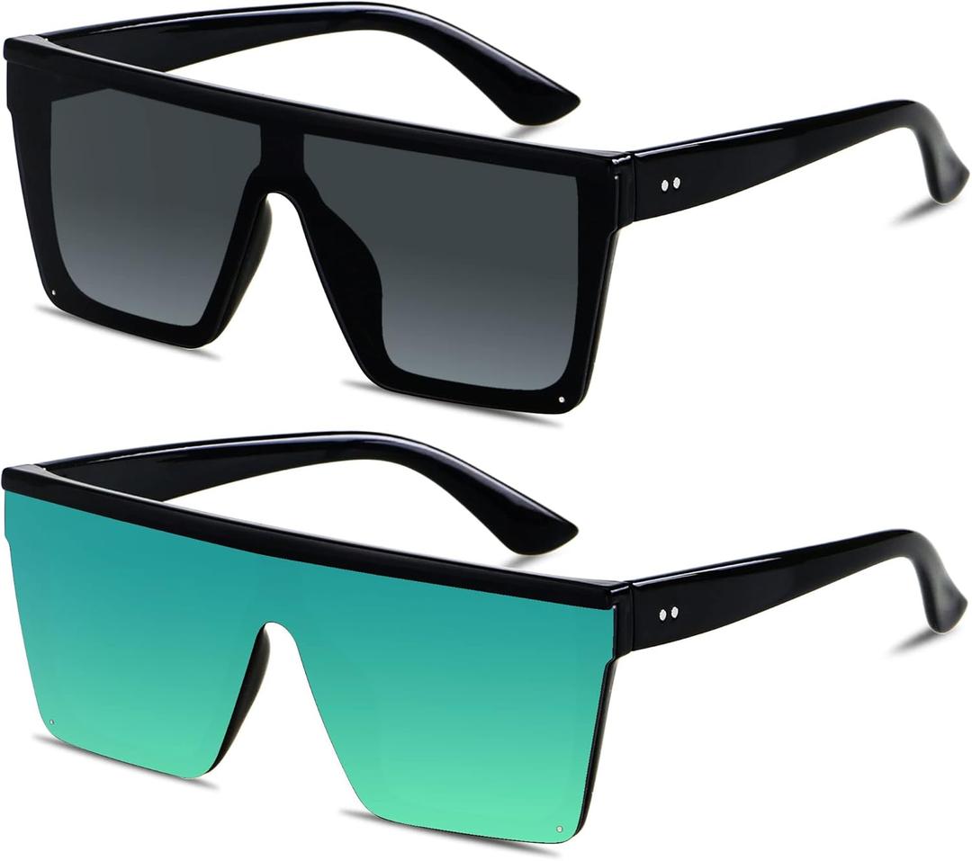 LYZOIT Square Oversized Sunglasses for Women Men Big Flat Top Fashion Shield Large UV Protection Rimless Shades ((2pack) Glossy Black + Mirrored Green)