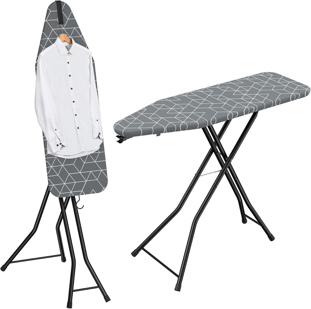 LyriFine Ironing Board, 2-in-1 Ironing and Steaming Board, Sturdy Steel Frame Iron Board with Non-Slip Feet, Heat Resistant Cover Iron Board, Foldable Compact Ironing Board with Hook, 14 x 43 Gray