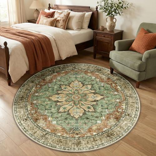 RELEANY Area Rugs 5ft Washable Non-Slip, Floral Vintage Distress Print Pattern Medallion Carpet for Living Room Bedroom Dining Room, Brick Red Rust Neutral Brown Burnt Orange
