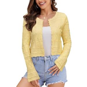 FAIRY SEASON Women's Cropped Cardigan Sweater Bell Long Sleeve Lightweight Crochet Button Down Knit Bolero Shrugs for Dresses, Small