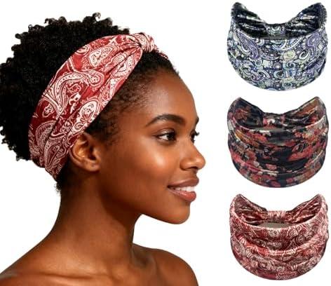 XEF Headbands for Women Bohemian Wide Floral Thick Hair Band No Slip Gym Elastic Twist Knot Athletic Headband Sweatbands Fashion Hair Accessories for Teen Girls 3 Pcs
