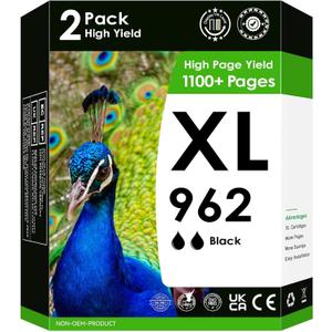 Compatible Ink Cartridges 962 XL Works with OfficeJet Pro 9010 9012 9014 9015 9016 9019 9020 9022 9025 9026 9028 Printers. (Black, Magenta, Cyan, Yellow) (2 Pack (Black))