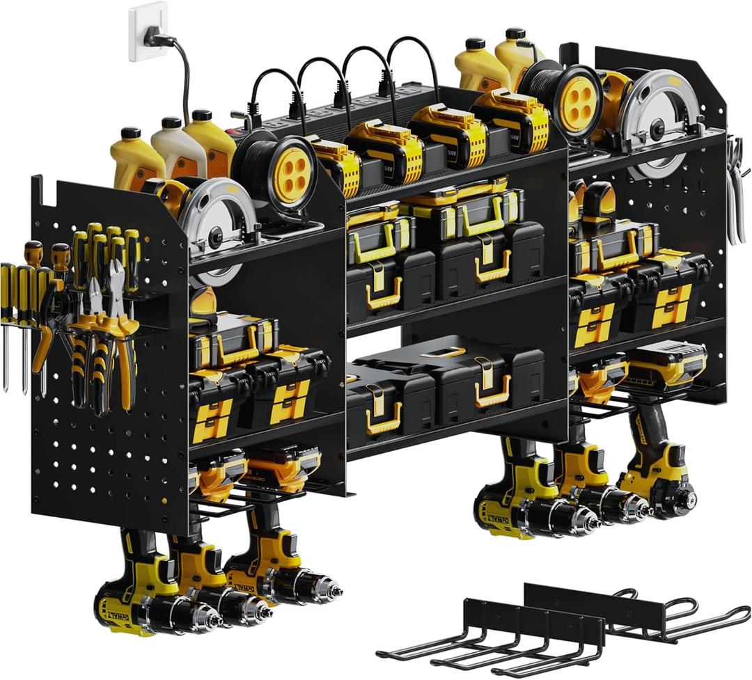 Upgrade Large Power Tool Organizer Wall Mount with Charging Station Tool Storage Rack with 6.5FT Power Strip 10 Drill Holder and Storage Rack for Garage Organization (Black)