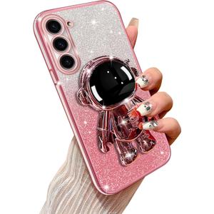 Phone Case for Samsung Galaxy S23 with Astronaut Kickstand and Lanyard Soft TPU Bling Clear Shockproof Protection Cover for Galaxy S23 Case, Rose Gold