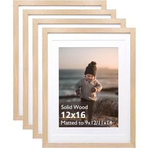 KINLINK 12x16 Picture Frame Natural, Solid Wood Frames with Acrylic Plexiglass for Pictures 11x14/9x12 with Mat or 12x16 without Mat,Wall Display Photo Frame Set of 4