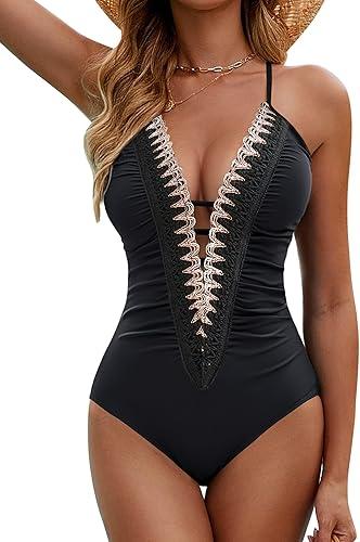 BMJL Women's Sexy One Piece Swimsuit Ruched Tummy Control Bathing Suit Plunge Color Block Swimwear Small