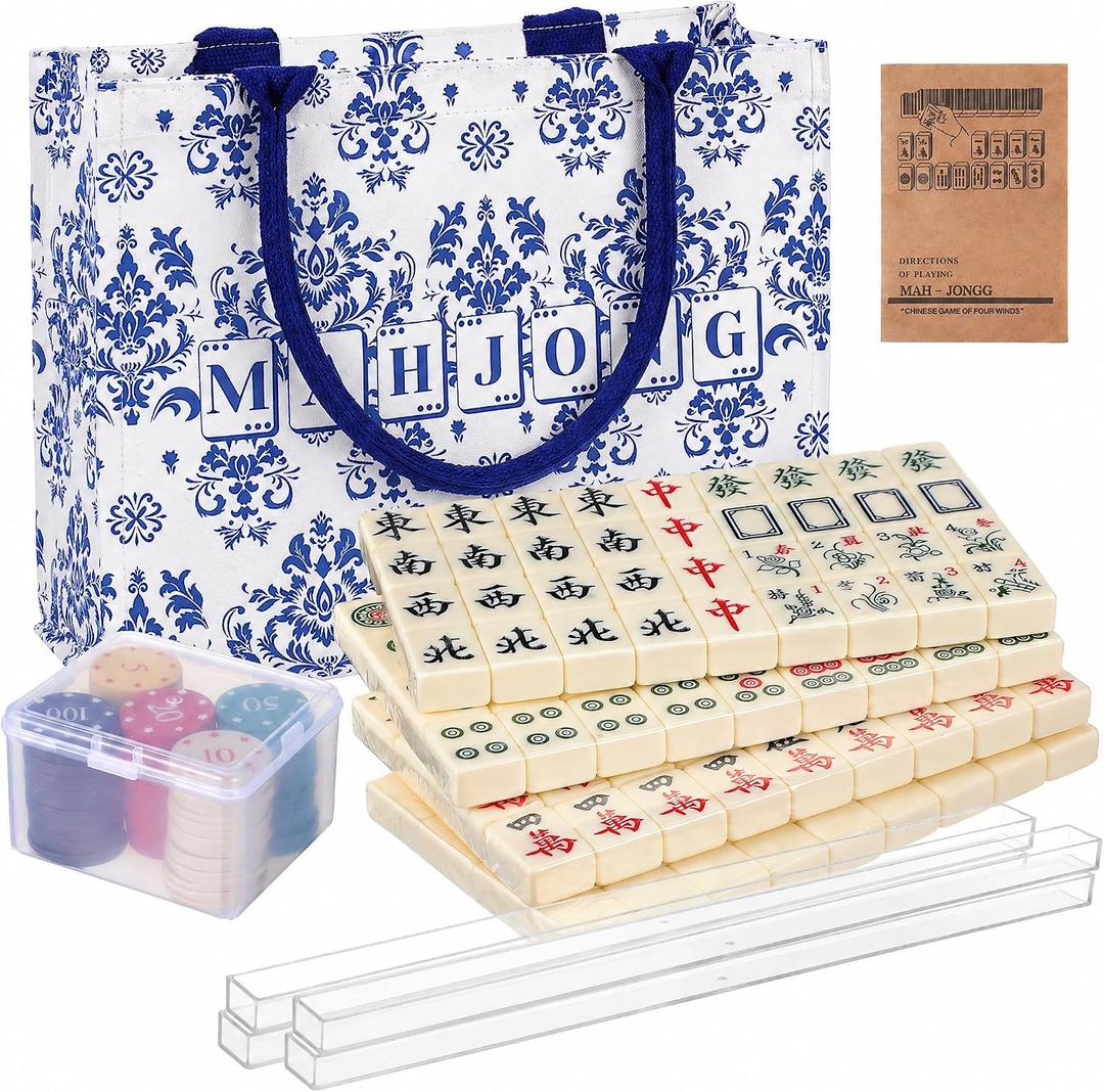BESTOYARD Chinese Mahjong Tile Set with Carring Bag, 1.2-Inch 144 Tiles All-in-One Chips, Dice and Manual, Traditional Mah-Jongg Board Game for Family Game 4 Pushers, 32 x 25 x 12 cm
