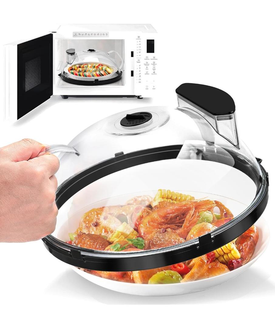 Fkprorjv Microwave Splatter Cover with Water Steamer, 10 inch Clear Microwave Plate Cover for Food, Splatter Guard Microwave Lid for Microwave Oven, Kitchen Gadgets Accessories, Black