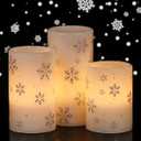 GenSwin Christmas Flameless Candles with Timer, LED Flickering Candles Real Wax with Silver Snowflake Decals, 3 Pack Pillar Candle for Winter Indoor Fireplace Christmas Decor(D3” x H4”5”6”)