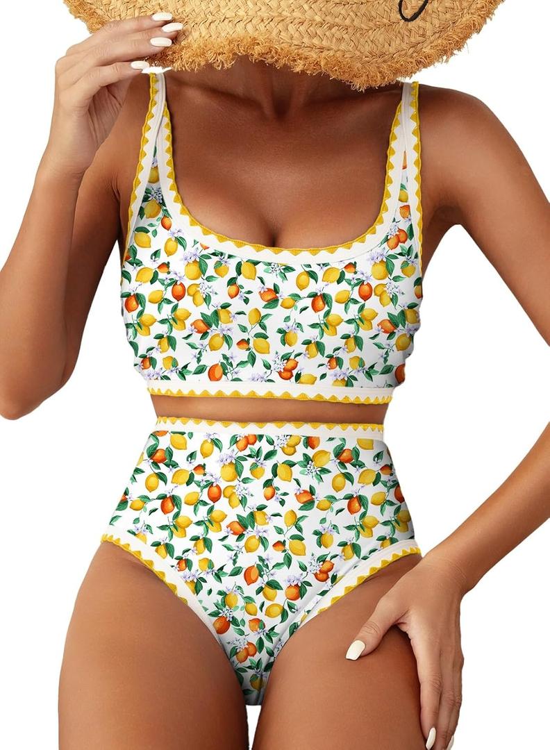 Herseas Women's Bikini Sets Floral Print Whip Stitch 2 Piece Swimsuits High Waisted Scoop Bathing Suits (Lemon)