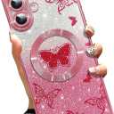 AIGOMARA Phone Case for iPhone 16 Plus [Compatible with MagSafe] Butterfly Design Glitter Bling Case Shockproof Scratch-Resistant Soft TPU Cover for Women - Pink